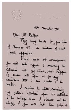 Letter from Bell to Balfour dated 8 November 1920. [RDF] Copyright PRM